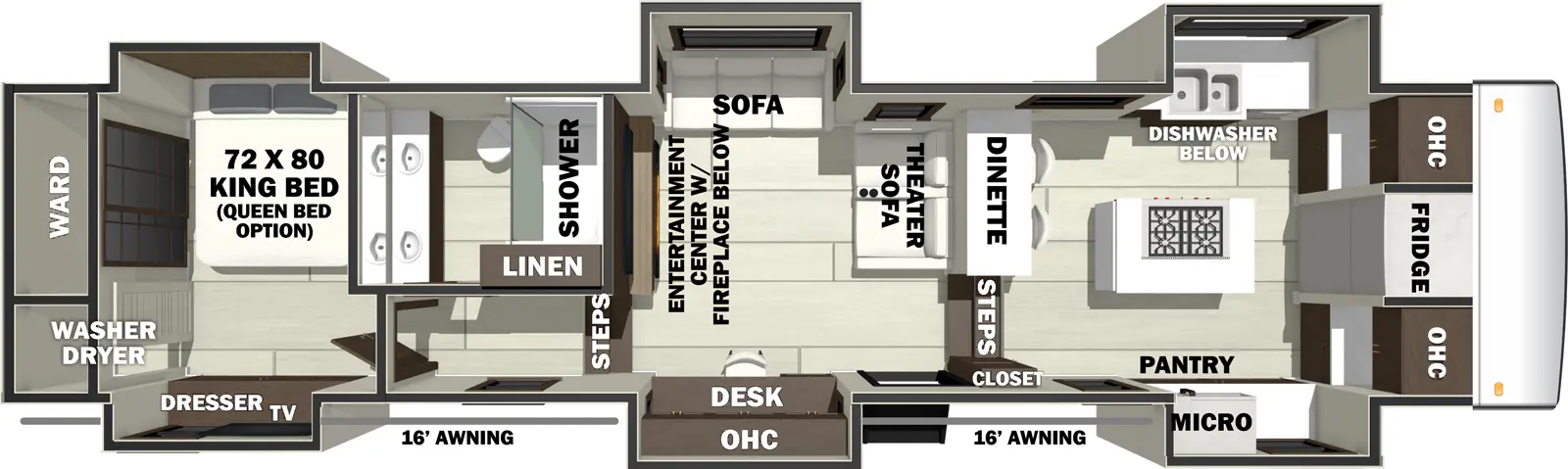 The RIVERSTONE 421FK floorplan has one entry and six slide outs. Exterior features include: fiberglass exterior and 16' & 16' awning. Interiors features include: front kitchen, kitchen island and rear bedroom.